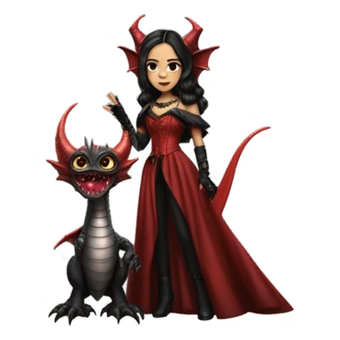 surprised Lavish Victorian evening gown with gloves, Jenna Ortega as Addams girl Jedi wearing a steampunk mini tiara, very large blood red evil-looking horned dragon sticker
