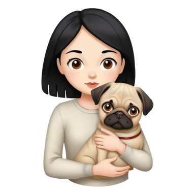 a black hair girl, with brown eyes and white skin carrying her pug  sticker