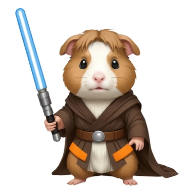 guinea pig dressed as a Jedi, holding a lightsaber sticker