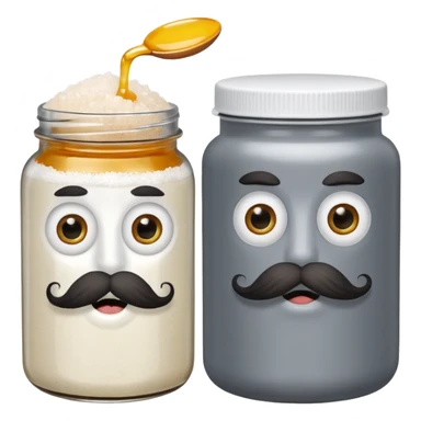 Garama and Madundung are together a gray container of salt and a honey container with a cloth on top. They each have eyes with white in the middle, a mouth, nose, and mustache both customary to their colors. They have hairy legs and emit an aura of salt (Garama), and honey (Madundung). sticker