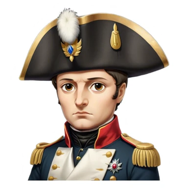 Cinematic Realistic Napoleon Bonaparte Portrait Emoji, depicted as a commanding military leader with a determined gaze and iconic bicorne hat, rendered with dramatic textures and bold historical lighting that captures his imperial legacy. sticker