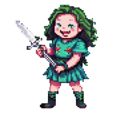 pixelated savage person in 1988 fashion with neon colors, holding knife, wicked laugh sticker