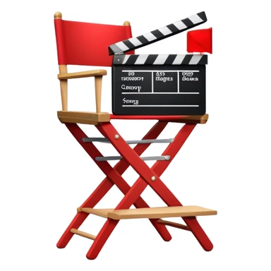 Icon for Directing: a director's chair, a film clapperboard, and a stage with a spotlight. The icon should represent the creative and organizational aspects of directing, with focus on storytelling, staging, and performance. Transparent background. sticker
