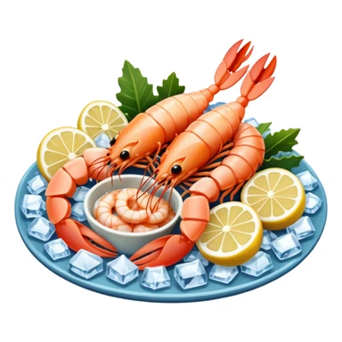 Create a realistic seafood platter with cooked prawns, ice, & garnish. sticker