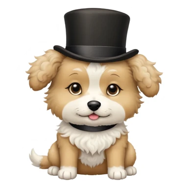 cute small tan and white dog with black nose, black round eyes, curly fluffy medium length hair, wearing a top hat sticker