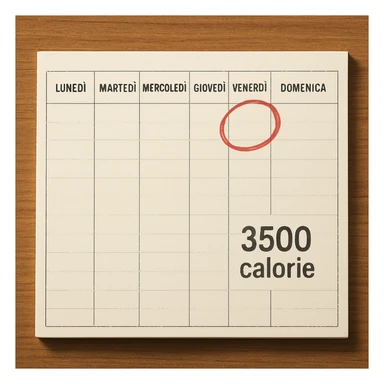 A hyperrealistic weekly calendar viewed from above in Italian, showing days from Monday to Sunday. Friday is circled in red. Below Saturday, the text '3500 calorie' is clearly visible. The image has 4K details and a desk atmosphere. sticker