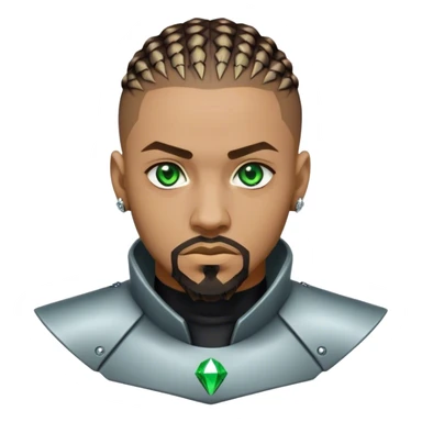 Light skinned African American male with green eyes as a cyberpunk hacker with cornrows hairstyle but short cornrows  with goatee facial hair with small diamond stud sticker