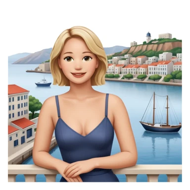 jennifer lawrence, closeup portrait , leaning on a balcony with a harbor and cityscape in the background, smiling sticker