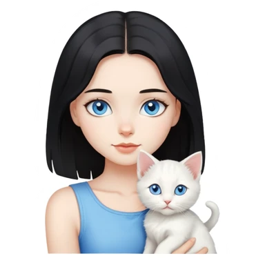 Chica con pelo negro hasta los hombros con gatito blanco con ojos celestes  sticker