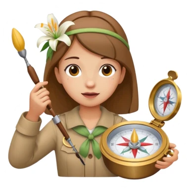 create an image similar to an emoji of a pinni / laddoo as an assamese girl navigating using a compass. She also has a lily on her head. Do not make her very human sticker
