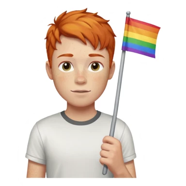 A gay, ginger, young, freckled, boy with a shirt with JUDE on it holding a pride flag sticker