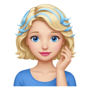 Girl Blonde short wavy hair,  blue eyes, cute blue top, long lashes, pink lips, smiling, 🤦🏻‍♀️ sticker