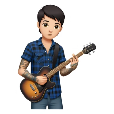 a guitarist with short dark hair, tattoos on his arms and chest, and a black plaid short sleeve flannel shirt sticker