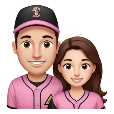 *White* couple smiling. Woman has big cheeks and a lot of freckles on the nose. long brown hair. Man has black and very short hair and prominent eyebrows with egipcian nose. Both are wearing “Los Padres” baseball new pink jearsey sticker