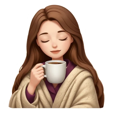 long brown hair woman closed eyes hiding under a cozy wool beige blanket, holding cup of coffee, autumn mood sticker