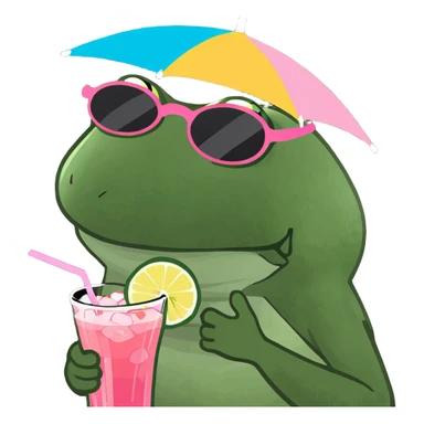 Bufo frog in a jumping pose, with rainbow umbrella hat, round sunglasses, holding a pink cocktail, classic Bufo meme style, no background. sticker