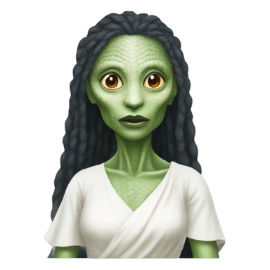 a reptilian alien woman in white dress sticker