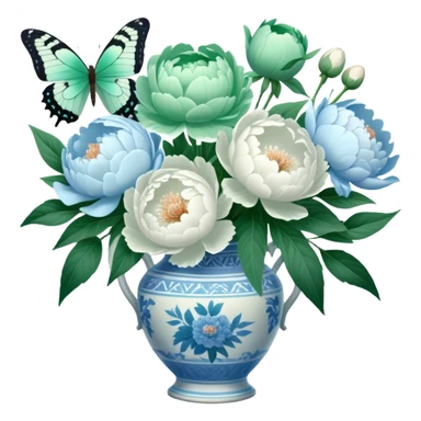 A soft green butterfly fluttering near a bouquet of pale blue and white peonies in an antique vase. sticker