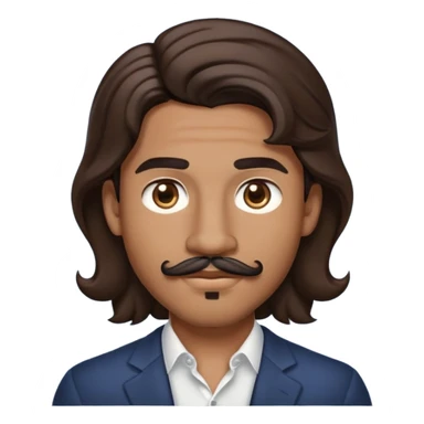 Apple-style emoji of young man with medium brown skin, mixed-race ethnicity, long wavy dark brown hair with perfect center part, cartoon-like stylized appearance, mustache separated from goatee, medium brown eyes, small diamond stud earrings, head only with no shoulders or neck sticker