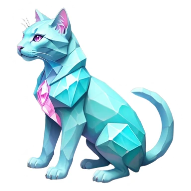 This fascinating hybrid creature combines the rocky ferocity of Boulderbite with the mystical elegance of Etherfeline. The result is a creature with a core body composed of angular, faceted stones in varying shades of turquoise, pink and gray. From the cracks between these stones emanates a soft blue ethereal glow. It has the general shape of a feline, but with crystalline rock formations creating its limbs and body. Its large, expressive eyes feature purple irises with amber outer rings, giving it a hypnotic gaze. The creature sports pointed ears lined with purple crystal formations, and a tuft of blue flame-like energy flows from the diamond on its head and along its spine. Its tail is a flexible chain of smaller rocks wrapped in the same ethereal blue energy. When it opens its mouth, sharp crystalline teeth are revealed, though its expression is more mysterious than threatening. Small whiskers  extend from its muzzle, occasionally emitting tiny ice crystals. full body sticker