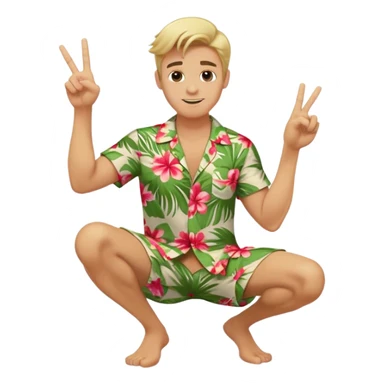 Full body emoji of a Blonde man with swooshing hair and no facial hair, crouching giving one peace sign while smirking in a Hawaiian shirt sticker