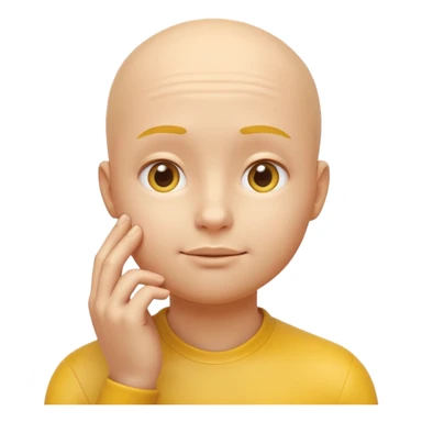 a 3D rendered yellow round face emoji with a thoughtful expression, one hand touching the chin in a pondering pose, no hair, smooth glossy surface, realistic shading and soft studio lighting, subtle reflections for depth, clean white background, high-quality digital render sticker