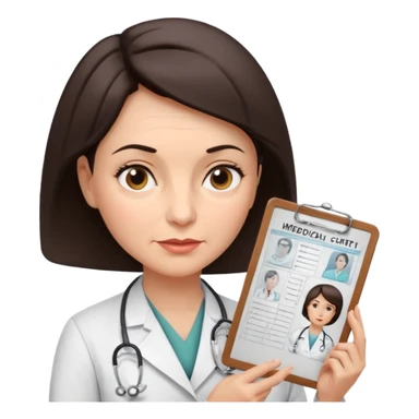 A female doctor in her 50s with visible facial wrinkles, dark brown short bob hair, her body turned slightly at an angle, with her gaze clearly directed downward and fixed on the medical chart she is reviewing. sticker