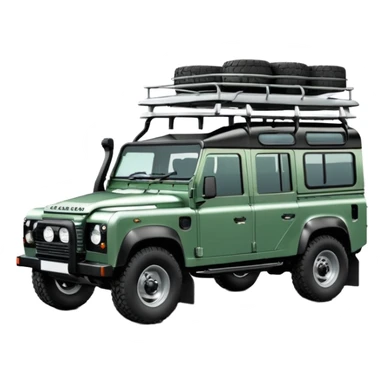 Land Rover Defender 110 2.4Tdci in Aintree Green with silver alloy wheels and black roof rack, emoji style, three-quarters view sticker