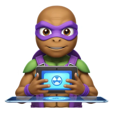 Donatello from Teenage Mutant Ninja Turtles, emoji style, using a hologram device, with a blue hacking interface on the screen sticker