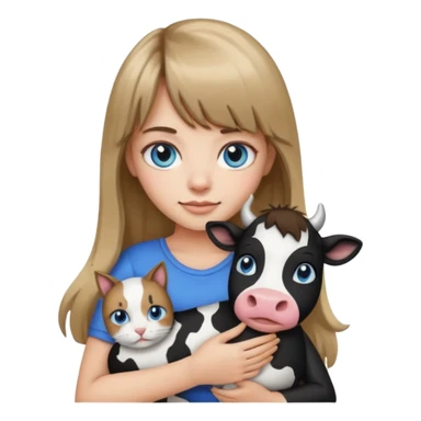 Apple-style emoji sticker of a young woman with long dark blond hair and bang, blue eyes , holding a cat black and white like a cow patch on her chest.  sticker