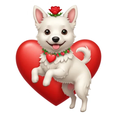 Short haired White Belgian Dog with a flowerband on head is jumping on a heart sticker
