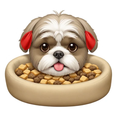 old ALL grey shih tzu in dog bed tongue hanging out bowl of food in front sticker