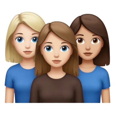 a trio of people where one girl in the back has white skin, brown hair, and brown eyes; another girl in the back has white skin, dirty blonde hair, and blue eyes; and the girl in the front has tan skin, dark brown hair and dark brown eyes. sticker