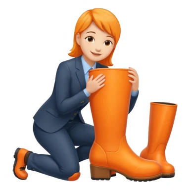 Office worker kneeling and kissing a large orange boot sticker