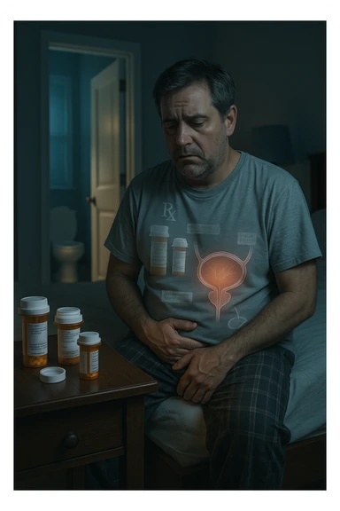 A middle-aged man sits on the edge of his bed in a dimly lit bedroom, looking exhausted and frustrated. On the nightstand beside him are several prescription pill bottles, loosely organized, some open — suggesting long-term medication use. In the background, the bathroom door glows softly, partially open, with a faint reflection of the toilet visible, indicating frequent nighttime trips. The man wears a loose T-shirt and pajama pants, his posture slightly curved as he gently touches his lower abdomen, symbolizing bladder discomfort. His eyes have dark circles, his expression is drained. The color palette is muted blues and greys, with a cinematic soft focus and ambient light highlighting emotional fatigue. A subtle overlay of pill labels and bladder imagery could be added for educational use. sticker