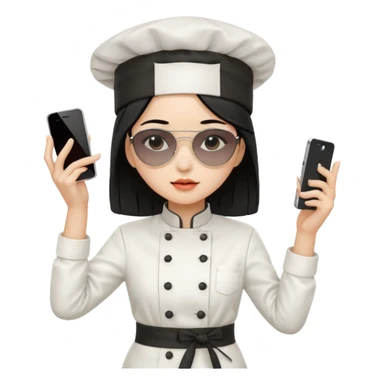 A sad woman with light skin, straight hair, wearing a chef hat and sunglasses, dressed in K-pop fashion, is dancing while holding a phone. sticker