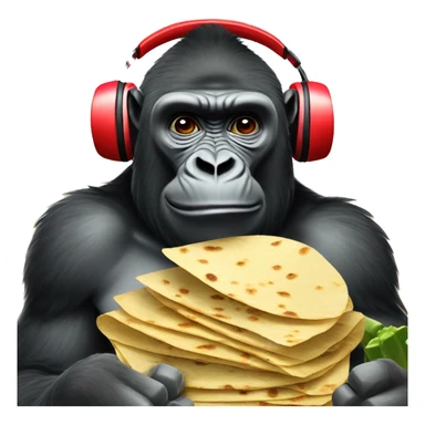 Gorilla, wearing red headphones and eating tortillas in a desert with cacti sticker