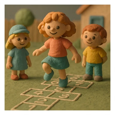 Children playing hopscotch in a yard, claymation style, pastel colors, visible fingerprints, matte plasticine texture. sticker