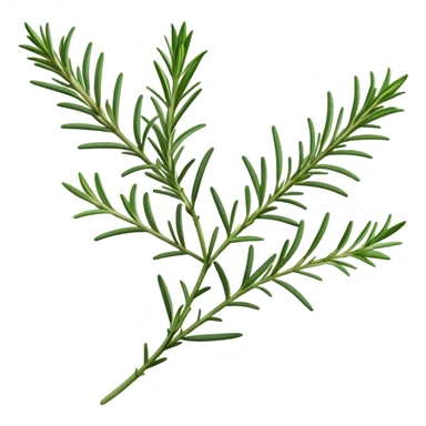 Cinematic Realistic Rosemary Emoji, Fragrant and fresh, with slender green stems covered in needle-like leaves, which release a distinctive herbal scent. The plant seems to exude energy, with soft sprigs of leaves stretching upwards. Soft glowing outline, capturing the essence of earthy healing and aromatic delight in a sprig of rosemary! sticker