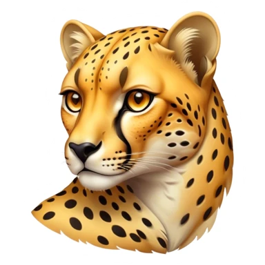 Cinematic Noble Cheetah Portrait Emoji, Poised and regal, with a lean, muscular build and a sleek, spotted Fur of golden hues, deep-set soulful amber eyes, Simplified yet sharp and sophisticated features, highly detailed, glowing with a warm, dignified glow, high shine, intelligent and swift, stylized with an air of wild elegance, focused and attentive, soft glowing outline, capturing the essence of a watchful and confident predator, so majestic it feels as though it could sprint out of the screen with effortless authority! sticker