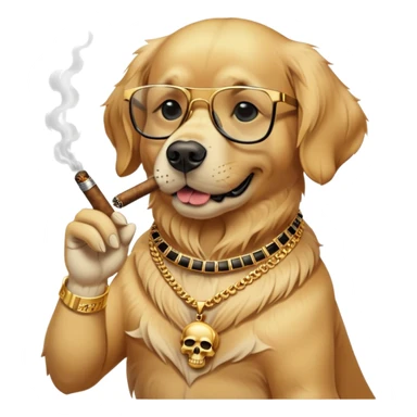 A golden retreiver that wearing heavy gold neckless with the skull medal and pair of black eyeglasses oo his eyes and a rolex whatch on his arm while smoking a cigar sticker