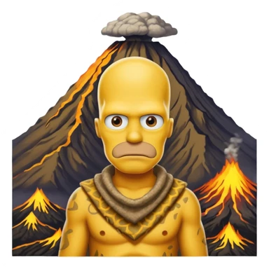 a simpson guy wearing ancient animal skin cloth with volcano behind, half body, icon sticker