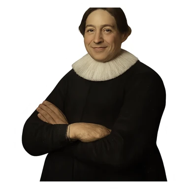 сгенерируй изображение в таком же стиле как на референсе, чтобы мужчина с референса стоял со сложенными руками, смотрел на нас и улыбался. фон прозрачный sticker