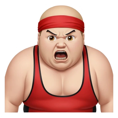 Extreme close-up of face of morbidly obese white skin guy with young face, prominent BLACK DURAG tied clearly on head, black beard but no mustache, clean shaven upper lip, black eyes in a red and black wrestling singlet with mouth wide open screaming angrily sticker