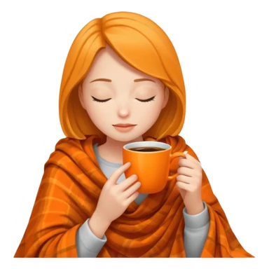 girl inside a blanket sipping coffee eyes closed ,make coffe cup orange sticker