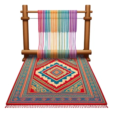 Carpet weaving icon, finished woven carpet with intricate patterns, colorful threads, weaving loom in background, minimalistic style, clean lines, transparent background. sticker