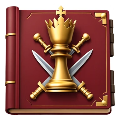 A dark crimson red book with black and gold details, a rugged leather texture, and an emblem of crossed swords, a knight chess piece, radiating strategy, discipline, and the art of power number 33 sticker