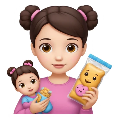 Cute small Toddler emoji with two small buns dark brown hair, fair skin, in pink top, holding toddler snacks & doll sticker