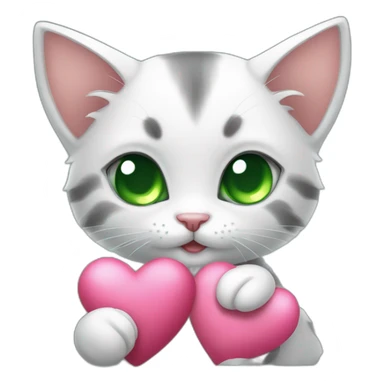 Super cute kitten with green anime eyes holding hearts sticker