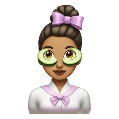 Girl with slick back bun cucumbers over her eyes and a bow sticker